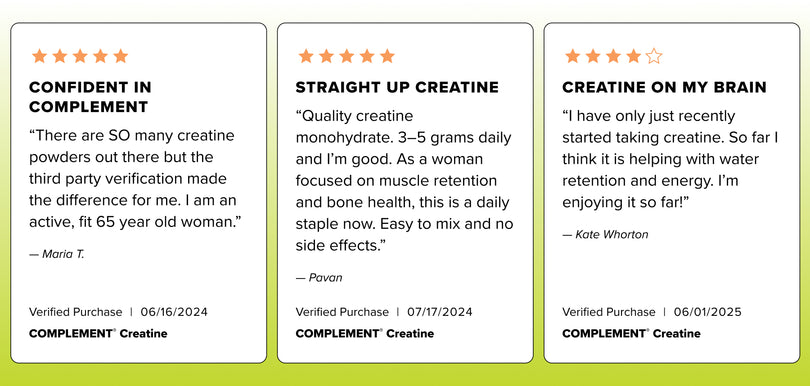 Three review cards for ComplemenT Creatine. Each has five orange stars, a title, a written testimonial, reviewer name, verified purchase date, and the product name. The cards have a white background and yellow highlights.