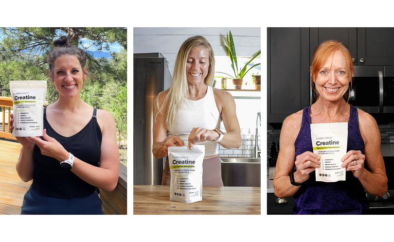 Three women, each smiling and holding a white bag of creatine supplement. The women are in different settings: outdoors, a kitchen, and a home gym. The product bag is clearly visible in each photo.