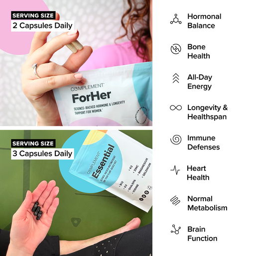 Split image: Top shows a hand holding COMPLEMENT® ForHer Essential System (Plant Based) packet—2 capsules daily, with icons for hormonal balance, bone, and energy support. Bottom shows Complement Essential, 3 capsules daily, with other health benefits.