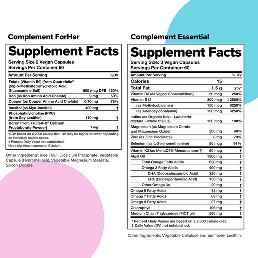 Side-by-side supplement facts labels for COMPLEMENT® ForHer Essential System (Plant-Based) by Complement, featuring serving sizes, ingredient lists, and daily values for vitamins, minerals, and nutrients. Light background with color accents.