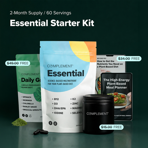 Essential Starter Kit image: Complement Essential pouch, Daily Greens pouch, container, dropper, e-book on a tablet, pricing tags, and text about a 2-month supply, set against a dark green background.