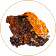 A rough, irregularly shaped lump of chaga mushroom with dark brown and orange outer surface, isolated on a white background.