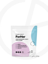The Complement ForHer Essential System Multinutrient package features a white and pastel design. White tablets sit beside the box, which highlights benefits like energy, hormonal balance, reproductive health, and immunity—offering essential nutrients for comprehensive health.