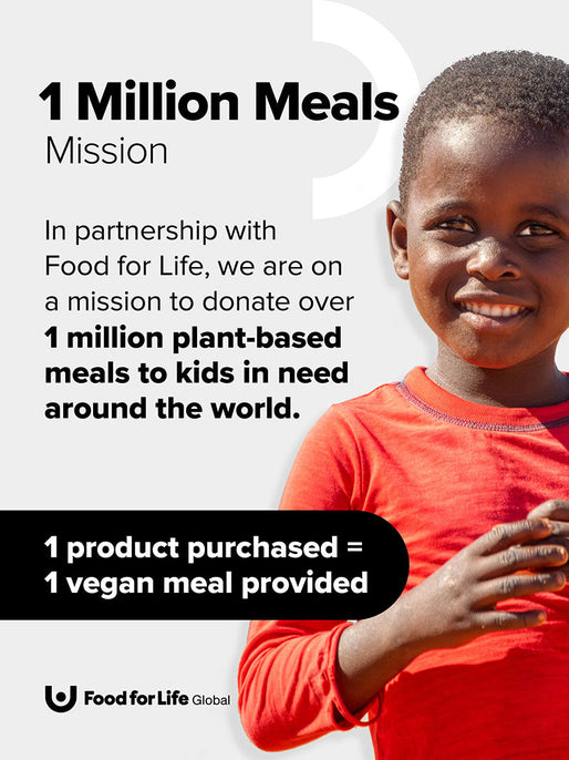 A smiling child stands next to text about the 1 Million Meals Mission, which partners with Food for Life to donate plant-based meals to kids in need globally. The text emphasizes, 1 product purchased = 1 vegan meal provided.