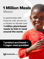 A smiling child stands next to text about the 1 Million Meals Mission, which partners with Food for Life to donate plant-based meals to kids in need globally. The text emphasizes, 1 product purchased = 1 vegan meal provided.