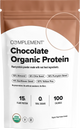 A white and brown pouch labeled Chocolate Organic Protein with nutrition details: 15g protein, 0g sugar, 100 calories. Ingredients include almond, chia, pumpkin, sunflower, and yellow pea. USDA Organic badge visible.