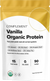 A white and yellow pouch labeled Complement Vanilla Organic Protein, listing plant protein sources and nutritional info: 15g protein, 0g sugar, 90 calories. USDA Organic badge shown at the bottom.
