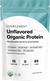 A white and teal bag labeled COMPLEMENT Unflavored Organic Protein with nutrition details, five seed ingredients, and USDA Organic seal. The bag highlights 15g protein, 0g sugar, and 85 calories per serving.