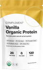 A white and gold pouch labeled “Complement Vanilla Organic Protein” highlights plant-based protein sources and nutritional info: 20g protein, 0g sugar, 120 calories. USDA organic and non-GMO icons are visible.