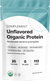 A teal and white pouch labeled Unflavored Organic Protein by Complement. Highlights: 20g plant protein, 0g sugars, 113 calories. Ingredients include almond, chia, pumpkin, sunflower seed, and yellow pea.