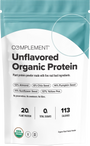 A teal and white pouch labeled Unflavored Organic Protein by Complement. Highlights: 20g plant protein, 0g sugars, 113 calories. Ingredients include almond, chia, pumpkin, sunflower seed, and yellow pea.