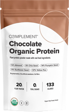 A bag labeled Complement Chocolate Organic Protein with nutritional highlights: 20g plant protein, 0g total sugars, 133 calories, and ingredients like almond, chia, pumpkin, sunflower, and yellow pea.