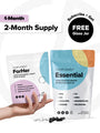 Two Complement supplement bags are displayed: a 1-month ForHer for hormonal balance and a 2-month “Essential” packed with nutrients. A hand holds black and white pills, with a promo for a free glass jar in the top right corner.