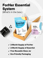 A cardboard box includes packets labeled ForHer and Essential, plus a reusable glass jar. The header says, Complement ForHer Essential System Multinutrient (Whats in the box), highlighting eco-friendly packaging and essential health nutrients.
