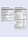 Two supplement facts labels on a light grey background showcase a health solution. The left, titled ForHer Essential System Multinutrient, lists essential nutrients like folate and vitamin B12. The right, Complement Essential, includes omega-3 and vitamin D3, with serving sizes and daily values for both.