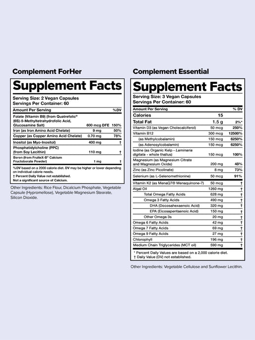 Image showing two supplement facts panels. The first is for ForHer with ingredients like folate, iron, and magnesium. The second is for Essential with ingredients including vitamin C, iodine, and ashwagandha extract. Both list servings and percentages.