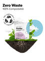 The Complement ForHer Multinutrient package, highlighting hormonal balance and essential nutrients, is nestled in a triangular soil slice with grass and plants. Text around it states Zero Waste and 100% Compostable, featuring a circular compostable icon.