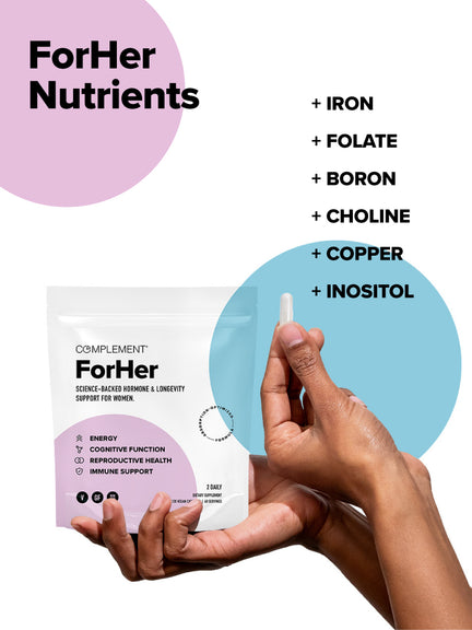 A hand holds a white capsule against a white background beside the ForHer Multinutrient package by Complement, featuring key nutrients like iron, folate, boron, choline, copper, and inositol to support hormonal balance and longevity for women.