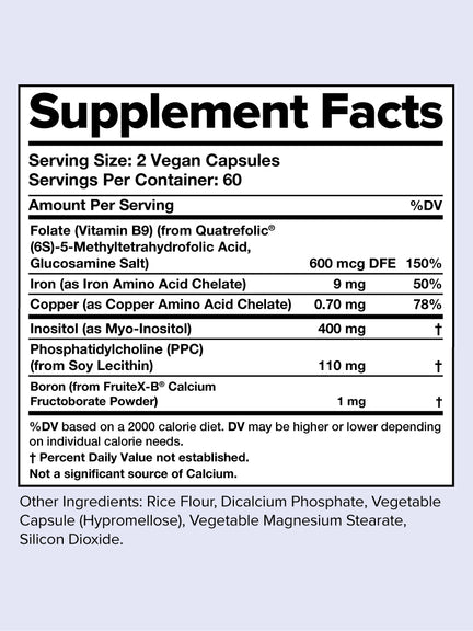 The image depicts a supplement facts label for ForHer Multinutrient by Complement, featuring vegan capsules with key nutrients: Folate (600 mcg DFE), Copper (0.70 mg), Inositol (110 mg), and Phosphatidylcholine (40 mg) per serving to support womens hormonal balance, alongside rice flour and silicon dioxide.