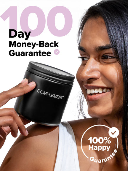 A smiling person holds a black jar labeled ForHer Multinutrient by Complement, emphasizing womens health. Text includes 100 Day Money-Back Guarantee and 100% Happy Guarantee, with checkmark symbols, highlighting essential nutrients for hormonal balance.