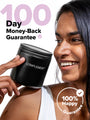 A smiling person holds a black jar labeled ForHer Multinutrient by Complement, emphasizing womens health. Text includes 100 Day Money-Back Guarantee and 100% Happy Guarantee, with checkmark symbols, highlighting essential nutrients for hormonal balance.