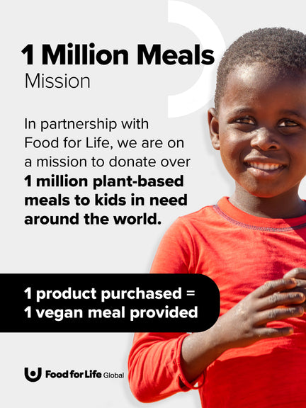 A child in a red shirt smiles next to text about donating 1 million plant-based meals rich in nutrients to kids. For every Complements ForHer Multinutrient product purchased, one vegan meal is donated. Logo: Food for Life Global.