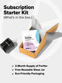 The ForHer Multinutrient subscription starter kit by Complement includes a pouch in an open box with newspaper stuffing. A black reusable glass jar beside it highlights a 2-month women’s nutrient supply in eco-friendly packaging.