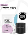 The ForHer Multinutrient supplement by Complement comes in a pink and white pouch. Black text promotes a 2-Month Supply with a free glass jar, emphasizing benefits like energy boost, hormonal balance, enhanced cognitive function, essential nutrients, and immunity support for womens health.