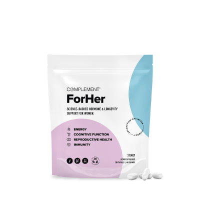 A white and pastel pouch labeled COMPLEMENT® ForHer Multinutrient by Complement highlights support for energy, cognitive function, reproductive health, and hormonal balance. Five white tablets are displayed as part of this essential nutrient solution.