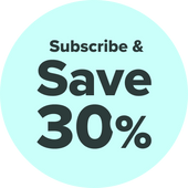 Light blue circle with bold black text that says Subscribe & Save 30%.