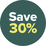 A green circle with white and yellow text that says Save 30%.
