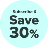Text in bold black letters on a light blue circle reads, Subscribe & Save 30%.