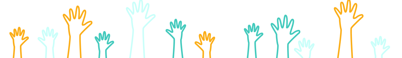 Illustration of multiple raised hands in orange and blue outline, with some hands in lighter shades, on a light background, representing participation or volunteering.