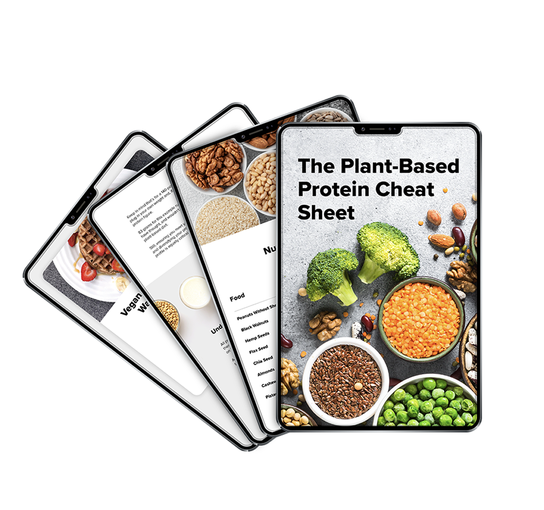 Four digital tablets are stacked, each displaying a different page with images of plant-based foods like broccoli, lentils, peas, and nuts. The top tablet reads, The Plant-Based Protein Cheat Sheet.