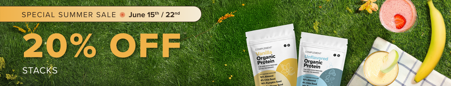 Banner with SPECIAL SUMMER SALE from June 15th to 22nd, showing 20% OFF organic protein stacks. Background features green grass, flowers, protein powder bags, smoothie, banana, and a plaid napkin.