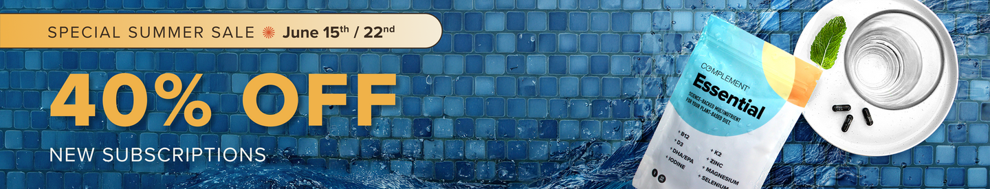 Promotional banner with a blue tile background showing “Special Summer Sale June 15th/22nd,” “40% OFF NEW SUBSCRIPTIONS,” and a supplement package with a plate of greens and capsules by a pool.