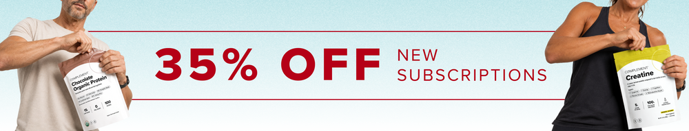 Two people open bags of supplements. Large red text says 35% OFF NEW SUBSCRIPTIONS. The background is light blue, and each person holds a different product bag.