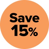 Orange circle with bold black text that reads Save 15%.