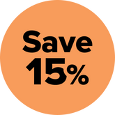 Orange circle with bold black text that says Save 15%.