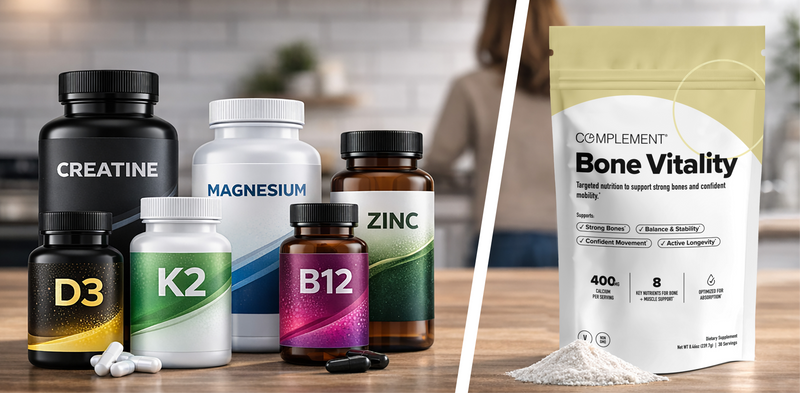 Various supplement bottles labeled Creatine, D3, K2, Magnesium, B12, and Zinc on a table. To the right, a bag labeled Bone Vitality with white powder and a scoop is displayed.