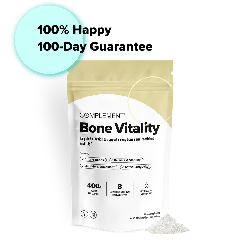 A pouch of Complement Bone Vitality supplement with a white and yellow design. Text highlights benefits like strong bones and longevity, and a teal circle reads 100% Happy 100-Day Guarantee. Some powder is shown beside the pouch.