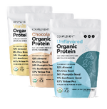 Three bags of Consulement Organic Protein powder in Vanilla, Chocolate, and Unflavored varieties, each displaying ingredients and nutritional highlights on the packaging.