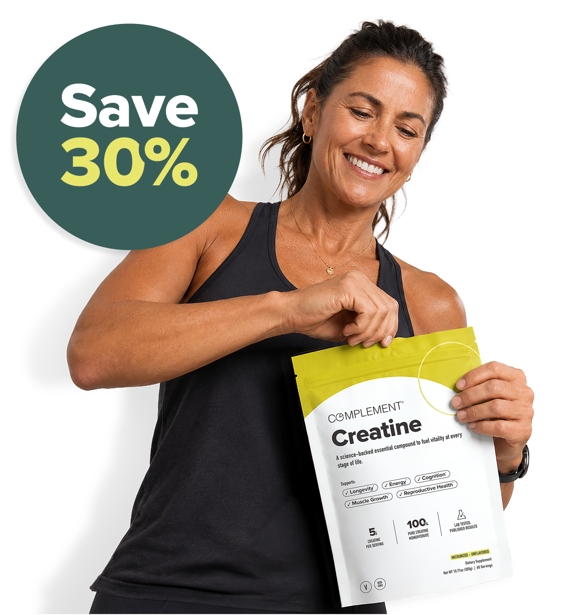 Smiling woman in workout attire opens a bag of Complement Creatine. A green circle with Save 30% is displayed beside her. The product packaging highlights benefits and nutritional information.