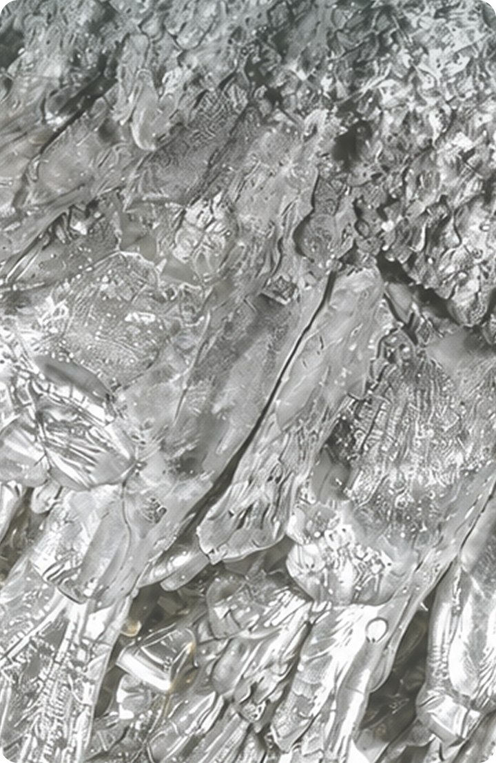 Close-up of a textured, shiny silver surface with smooth and rough areas, resembling melted or sculpted metal, with light reflecting off various ridges and grooves.