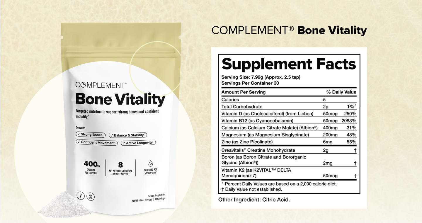 A bag of Complement Bone Vitality supplement with a close-up of its supplement facts label listing nutrients like calcium, vitamin D3, magnesium, and zinc. White powder is sprinkled near the bag.