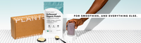 A hand holds a purple smoothie next to a pouch of Complement Unflavored Organic Protein, a brown Powered by Plants box, protein powder, and a scoop, with text: For smoothies, and everything else..