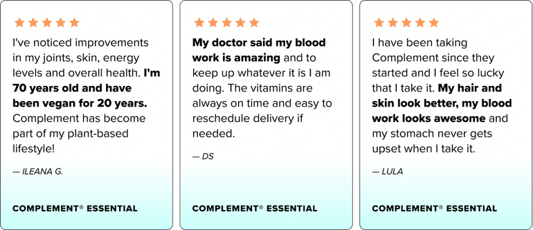 Three customer testimonial cards for Complement Essential, each with a five-star rating. The reviews mention improved joints, skin, and blood work, and emphasize vegan lifestyle benefits and convenient vitamin delivery.