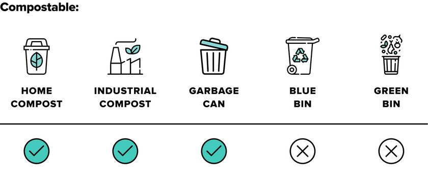Icons showing compostable waste should go into home and industrial compost, not the garbage can or blue bin, but can go in the green bin; checkmarks for compost and green bin, X marks for garbage and blue bin.