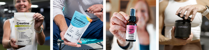 Four close-up photos show people holding different dietary supplements: Creatine powder, Essential amino acids, a Triple B12 dropper bottle, and a black container, all labeled COMPLEMENT.
