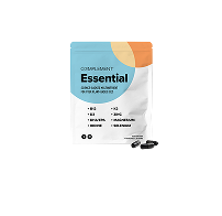 A packet labeled Complement Essential with multicolored design elements, featuring health supplement information. Three dark capsules are displayed beside the packet on a plain white background.